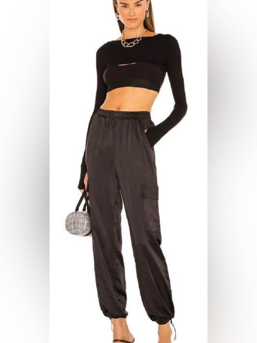 Superdown Rita Black Satin Cargo Pants